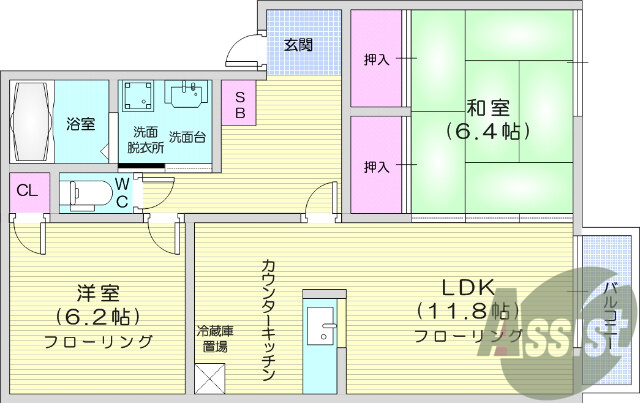 2LDK、バストイレ別、陽当たり良好、室内洗濯置場