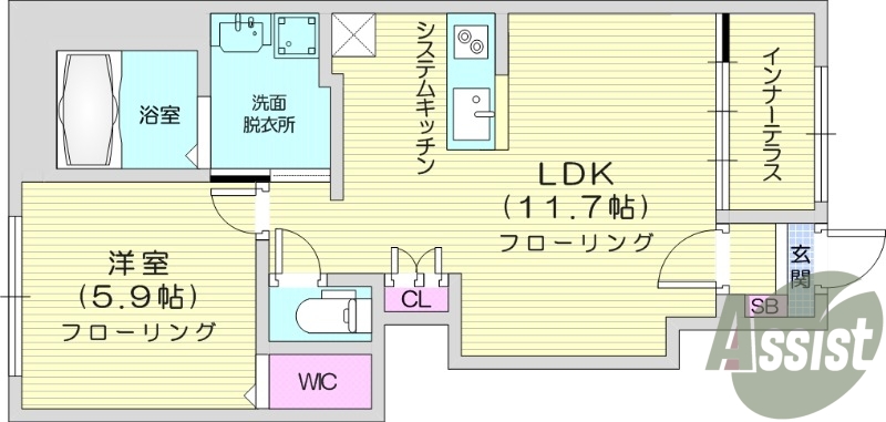 1LDK、インターネット無料、ウォークインクローゼット