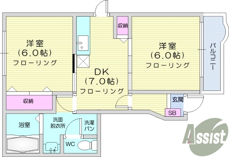 2DK、バストイレ別、エアコン、室内洗濯置場
