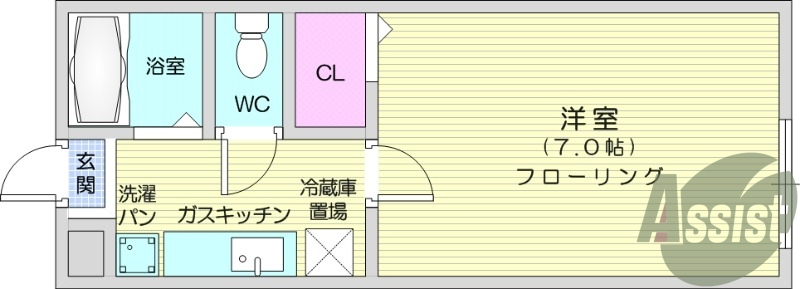 1K、給湯、エアコン、室内洗濯機置場
