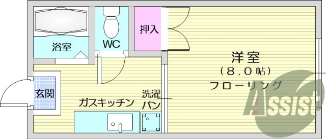 1K、押入、フローリング、室内洗濯機置場、バストイレ別