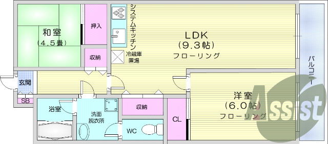 ２LDK、バルコニー、和洋室、バス・トイレ別