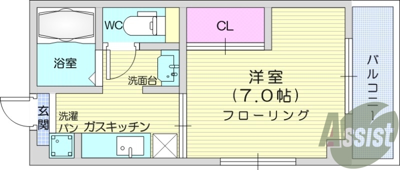 1K、エアコン、室内洗濯機置場、トイレ浴室別、クローゼット