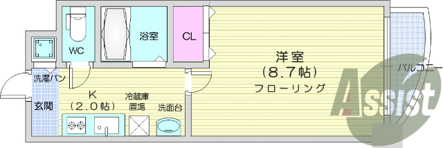 1K、バストイレ別、エアコン、モニター付きインターホン