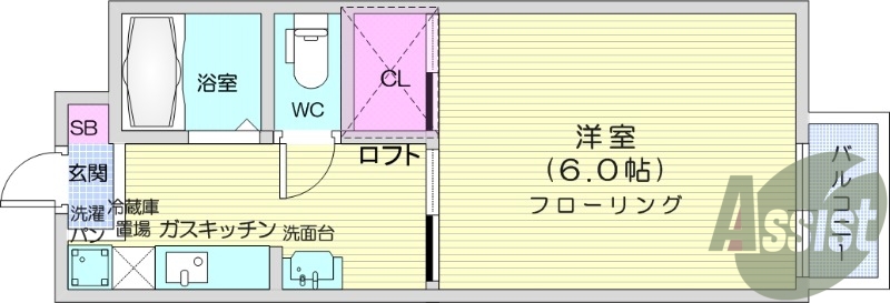 1k、バストイレ別、バルコニー、独立洗面台