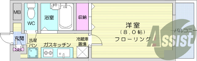 1Ｋ、バストイレ別、2口ガスコンロ設置可、ペット相談