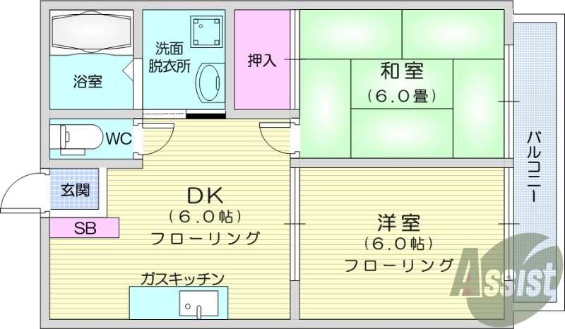 ２DK、エアコン、独立洗面台、追い焚き、