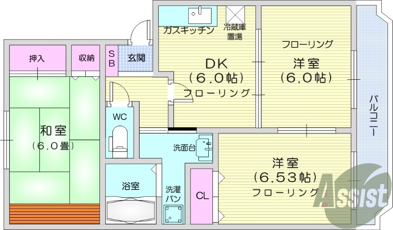 3DK、室内洗濯機置場、バストイレ別