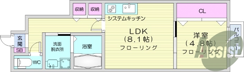 1LDK、独立洗面、システムキッチン、追い焚き機能、エアコン