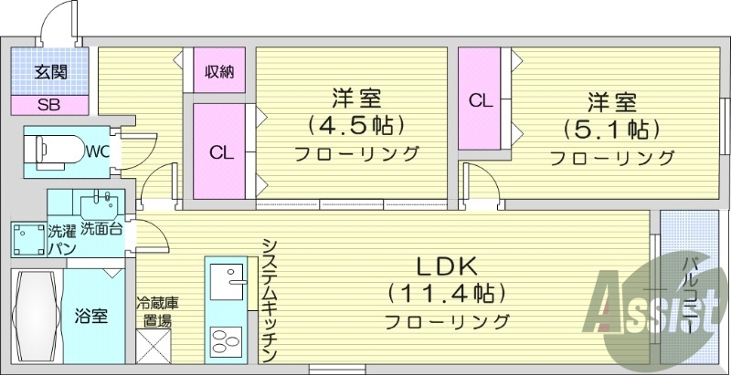2LDK、エアコン2台、追い焚き機能あり。