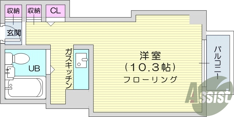 1R、オートロック、都市ガス、フローリング。
