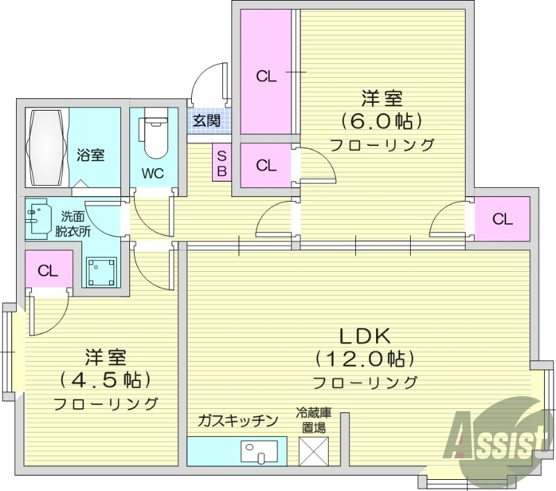２LDK、エアコン、独立洗面台、都市ガス、