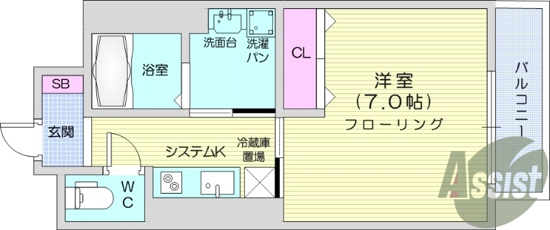 1K、エアコン付き、インターネット無料、独立洗面台付き