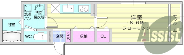 ※反転※　1Ｋ、インターネット無料、サンルーム