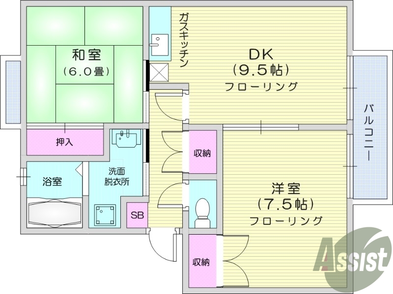 2DK、敷地内駐車場、室内洗濯機置き場、プロパンガス