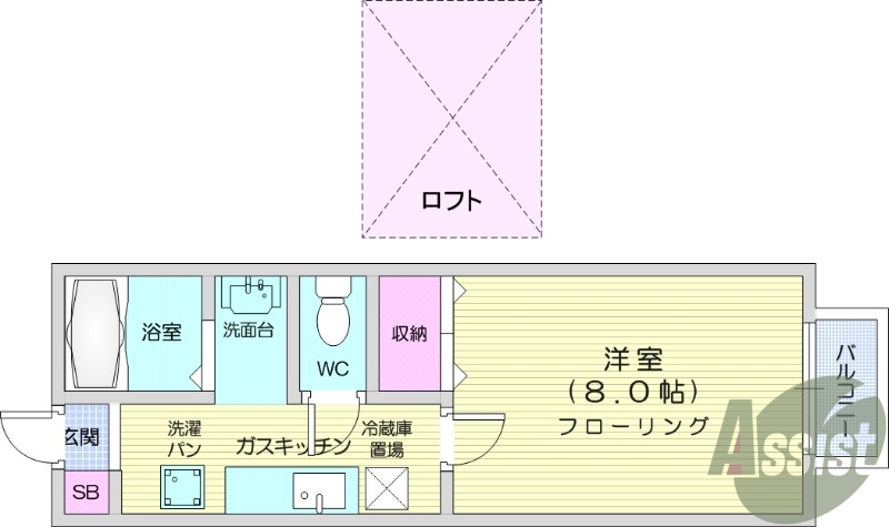 1K、ロフト付き、洋室8帖、独立洗面台、エアコン付き