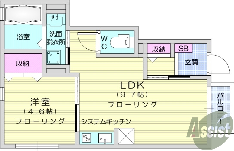 1LDK、IHクッキングヒーター、エアコン、浴室乾燥機