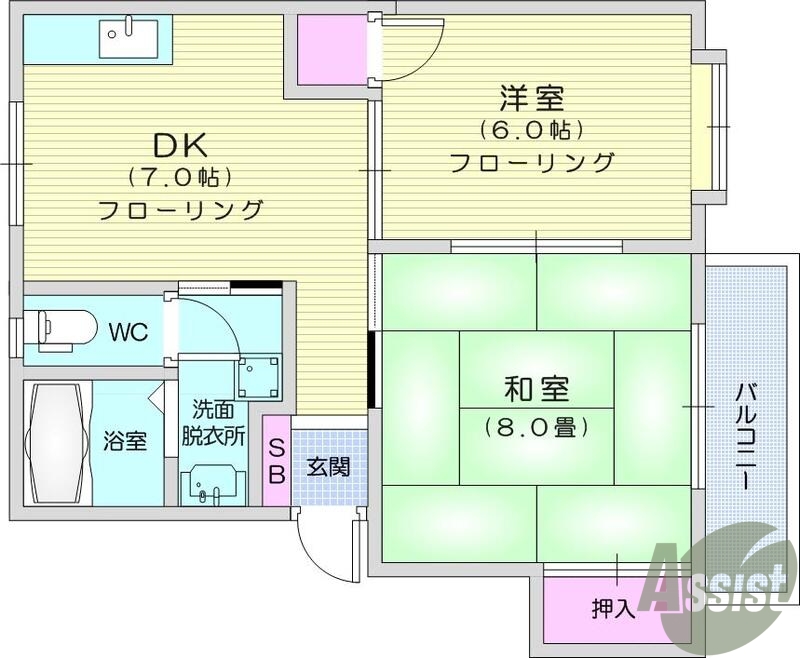 2DK、エアコン、光ファイバー、出窓、ベランダ、洗濯機置場