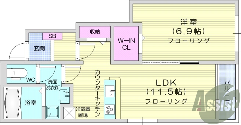 1LDK、ホームセキュリティ、浴室乾燥機、バルコニー。