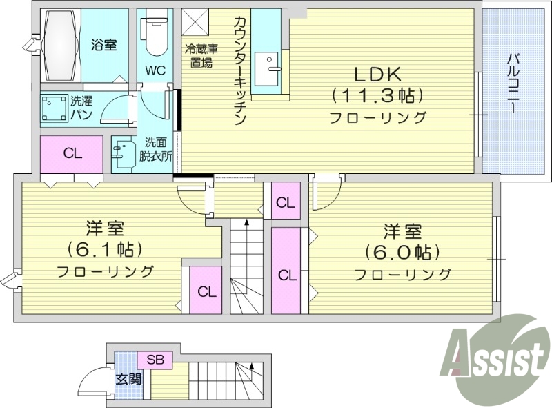 2LDKフローリング、浴室乾燥機、独立洗面台