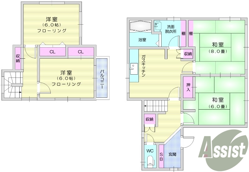 4DK　独立洗面台　プロパンガス　エアコン2台　南向き