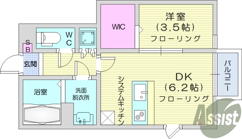 1DK、バルコニー、浴室乾燥機、独立洗面台