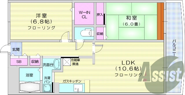 2LDK・エアコン、オートロック、バストイレ別、独立洗面台