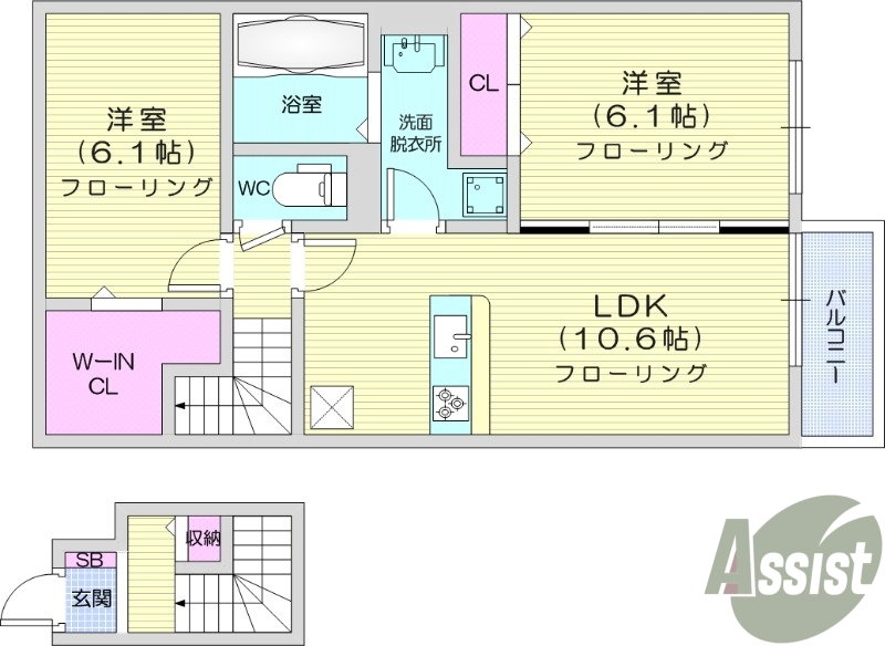 2LDK、バルコニー、都市ガス、バストイレ別、追い焚き給湯