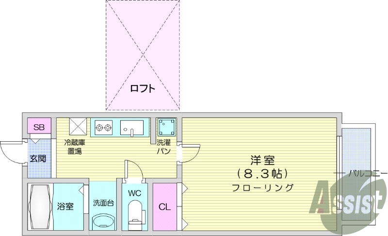 1K、南向き開口部、追い焚き機能付き浴室、独立洗面化粧台有り