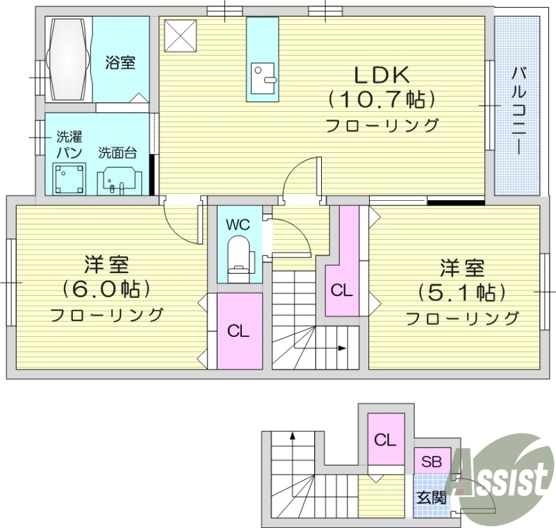 ２LDK、シャワー付き独立洗面台、追焚機能付き、都市ガス