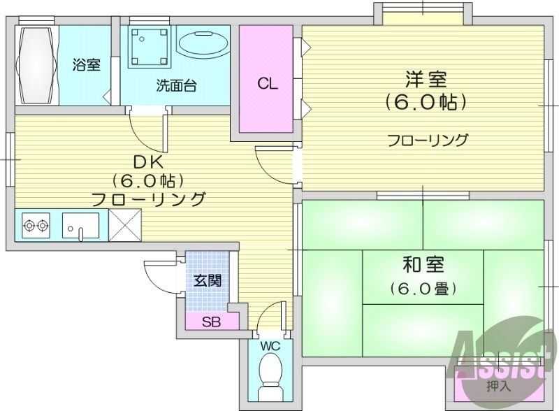 2DK、独立洗面台、BT別、エアコン、駐車場
