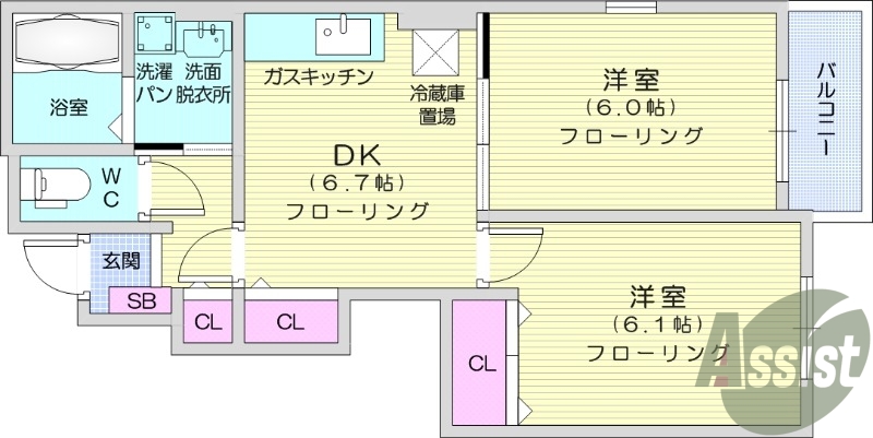 2DK、フローリング、都市ガス、モニター付きインターホン