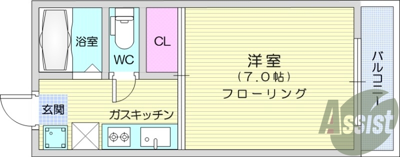 1K、バルコニー、温水洗浄便座、バストイレ別