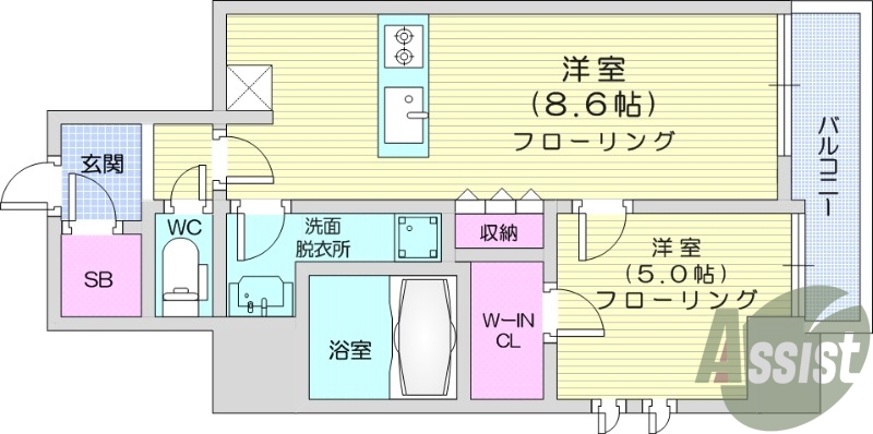 1LDK、システムキッチン、オートロック、防犯カメラ