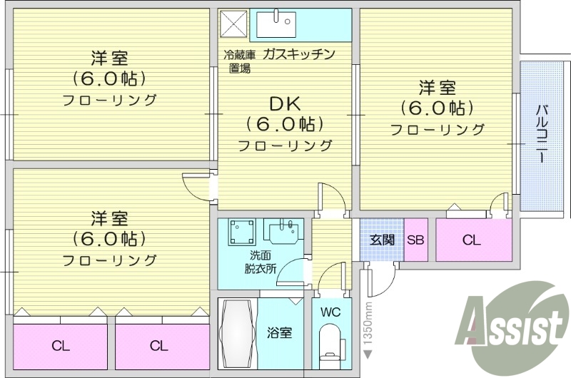 3DK、バストイレ別、洗髪洗面台、追い焚き給湯