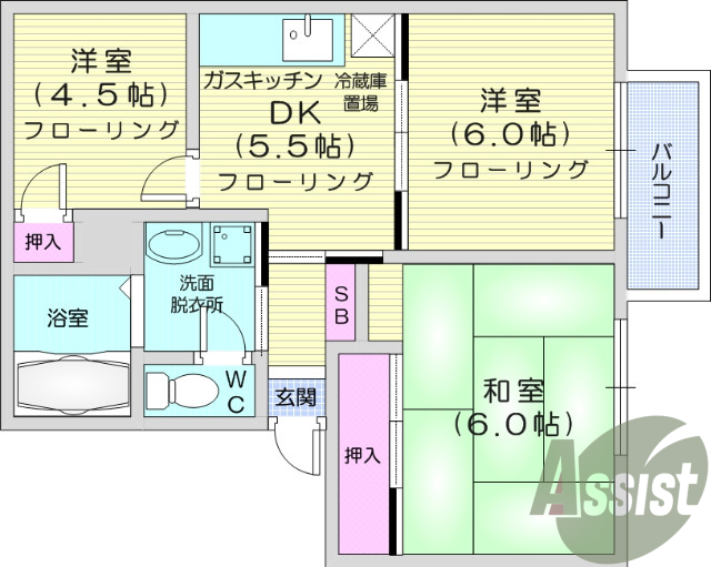3DK、角部屋、バストイレ別、追い焚き給油