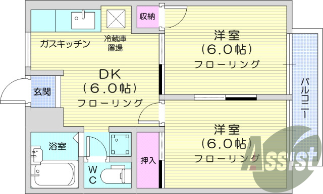 2DK、バストイレ別、モニター付きインターホン、エアコン付