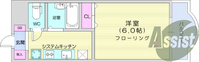 1K、都市ガス、インターネット無料、バス・トイレ別