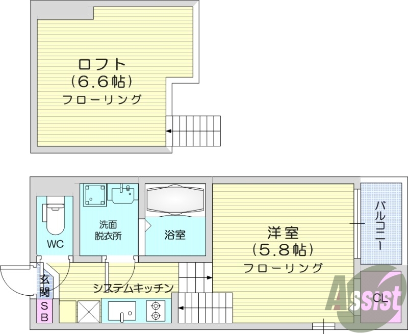 1*、バルコニー、システムキッチン、ネット無料