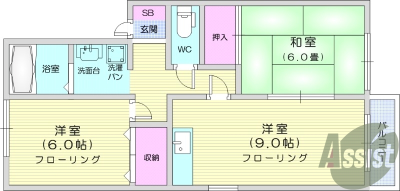 2DK、バス・トイレ別、モニター付きインターホン