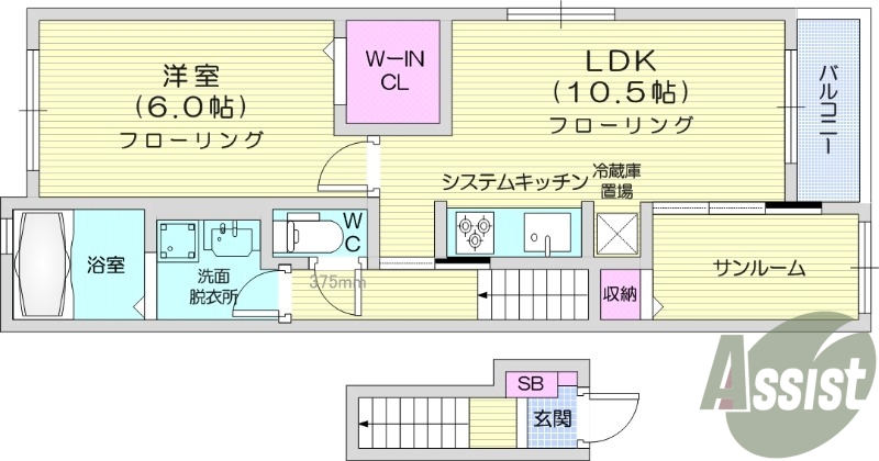 1LDK、エアコン2台、追い焚き、浴室乾燥、サンルーム
