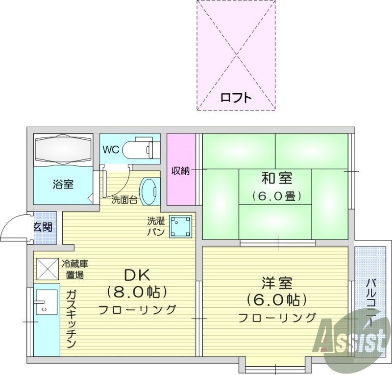 2DK、ロフト、エアコン、角部屋、バルコニー。