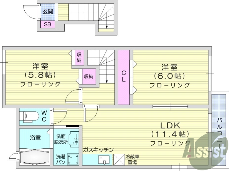 ２LDK、ペット相談可、2階、角部屋、エアコン、追い焚き機能