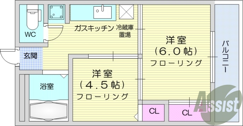 2K、エアコン、プロパンガス、バルコニー追い焚き