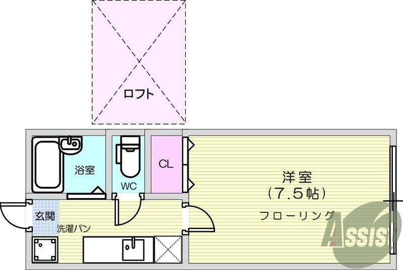 1K、エアコン、室内洗濯機置場、トイレ浴室別、クローゼット