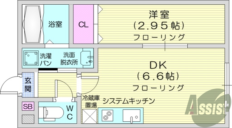 1DK、バストイレ別、エアコン、システムキッチン。