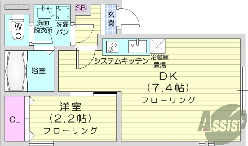 1DK、バストイレ別、エアコン、システムキッチン。