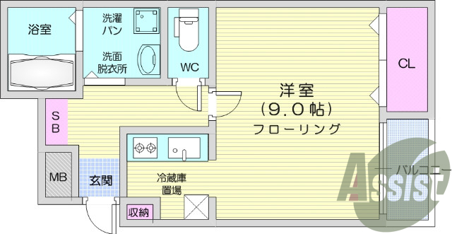 独立洗髪洗面化粧台、バストイレ別、浴室乾燥