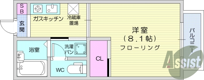 1K、バルコニー、洋室、ガスキッチン、バストイレ別、南向き