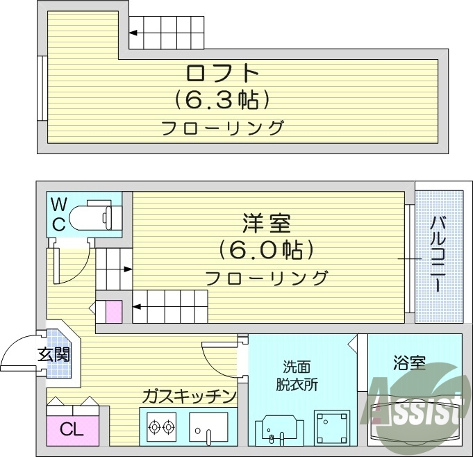 1Ｋ＋ロフト、バルコニー、脱衣所、バストイレ別